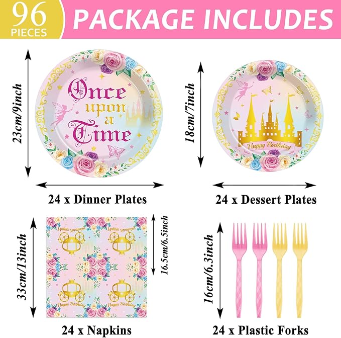 96PCS Princess 1st Birthday Party Supplies Once upon a Time Fairytale Castle Plates and Napkins Pink Princess Party Decors for Girls Pink 1st Onederland Birthday Baby Dinnerware Serves 24 Guests