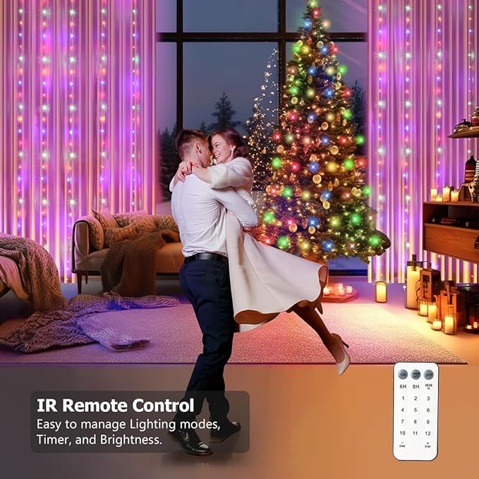 Curtain Lights 8ft x 6ft, 144 LED Warm White & Multi Twinkle Fairy String Lights Curtain Waterproof with Remote & Timer, USB Powered for Indoor Outdoor Wall Bedroom Backdrop Christmas Decor