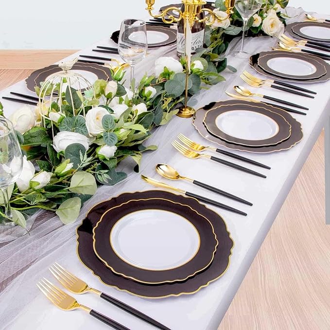 WDF 30Guest Black and Gold Plastic Plates - Gold Plastic Silverware With Black Handle Baroque Black and Gold Disposable Dinnerware for Graduation/Wedding/Party/Birthday
