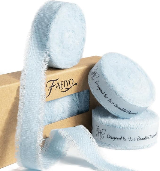Baby Blue Cotton Ribbon 5/8 Inch Baby Blue 3 Rolls 21 Yards Frayed Edge Fabric Set for Baby Shower, Wedding Invitations, Nursery Decor, Christening & First Birthday Party