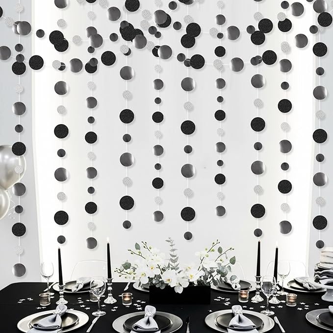 Outus 10 Pieces Black,Silver Round Dots Garland Graduation Party Hanging Decor Each Length 13.1ft Glitter Paper Dot Streamers for Birthday Wedding Classroom Supplies