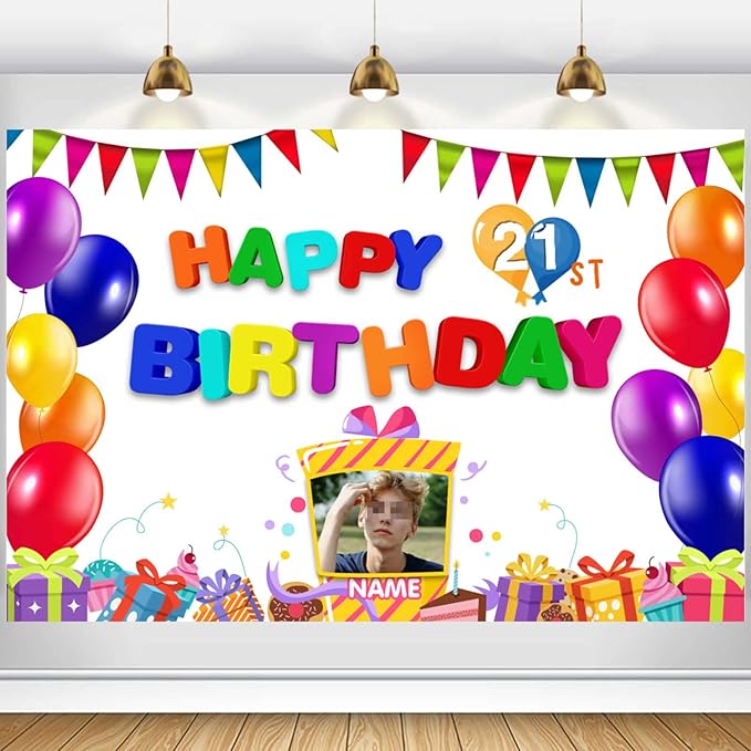 Custom Colorful Happy 21st Birthday Decoration Banner - Personalized with Photos and Names