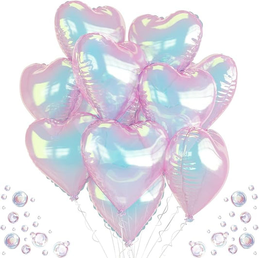 Iridescent Heart Balloons, 9PCS 18Inch Transparent Laser Heart Foil Balloon Large Gradient Crystal Iridescent Colorful Balloon for Birthday Wedding Easter Rainbow Mermaid Fantasy Theme Party Decor