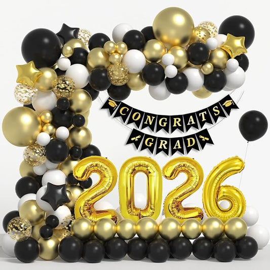 Graduation Decorations Class of 2026: Gold and Black Graduation Balloon Arch Garland Kit and Gold Confetti Balloons Congrats Grad Banner 2026 Foil Balloon Decorations For Grad Party