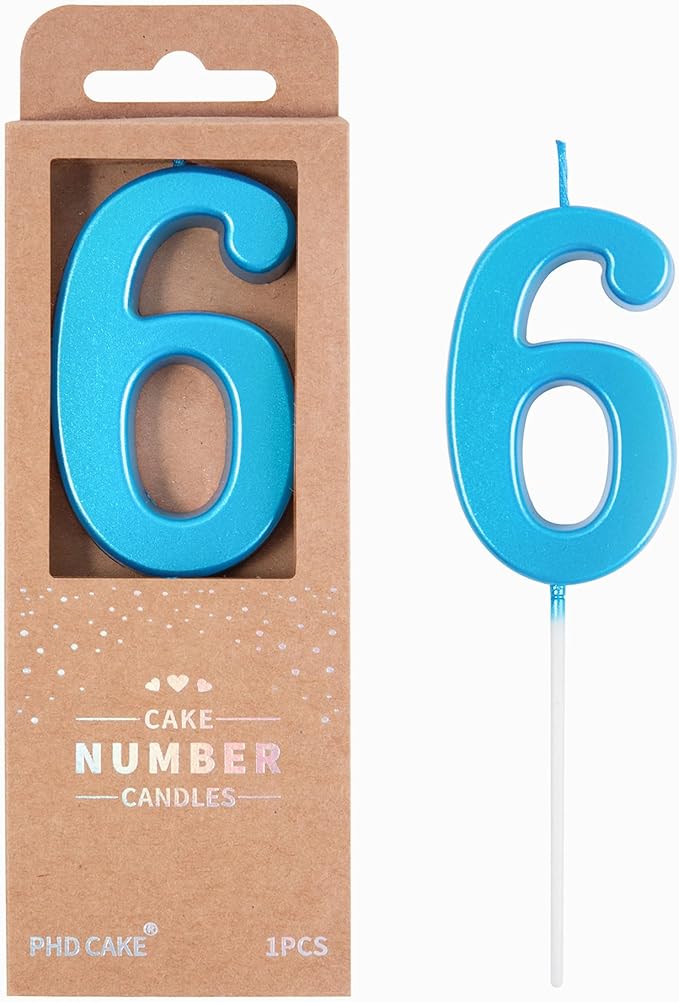 PHD CAKE 2.76 Inch Modern Blue 6 Number Birthday Candles, Blue Number Candles, Cake Number Candles, Party Celebration