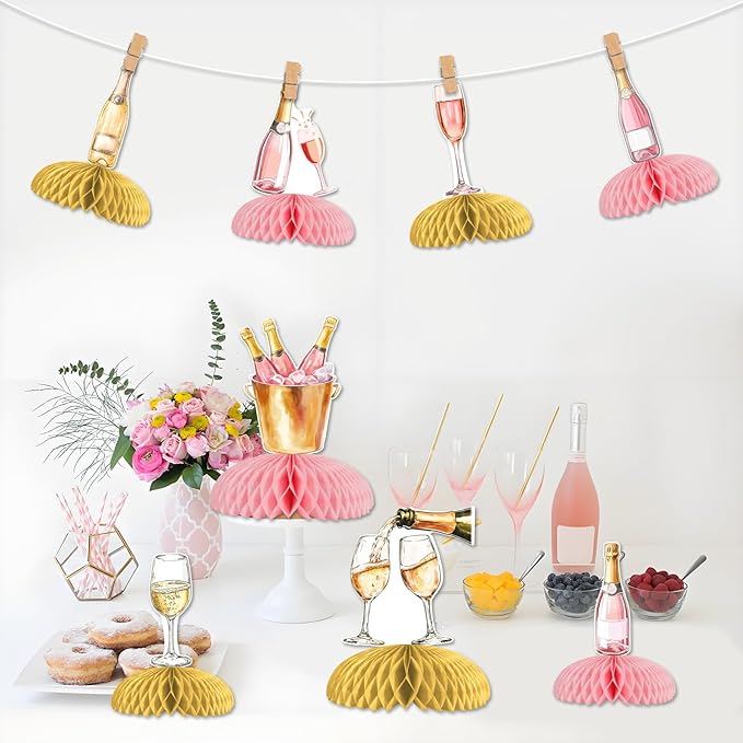 Jollyboom Champagne Table Honeycomb Centerpieces, 8pcs Pink and Gold Champagne Party Decorations Table Honeycomb Centerpieces Wine Bottle Table Topper for Women Wine Themed Party Supplies