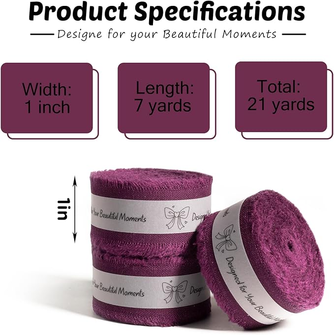 Grape Wine Cotton Ribbon 1 Inch Grape Wine 3 Rolls 21 Yards Frayed Edge Fabric Set for Wedding Decor, Anniversary Celebration, Bridal Bouquet Wrap, Gift Wrapping & Fall Wedding