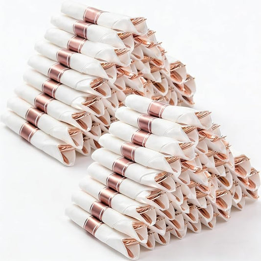 BESTVIP 100 Pack Pre Rolled Rose Gold Plastic Silverware Set, Disposable Wrapped Cutlery Set with 100 Napkins, 100 Knives, 100 Forks and 100 Spoons for Party, Birthday