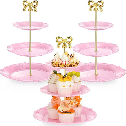 3 Sets Tea Party Decorations of 3 Tier Wedding Plastic Dessert Table Display Set Cupcake Stand Dessert Plates Cake Candy Display Tower Wedding Birthday Baby Shower Tea Party Decoration