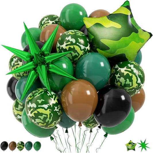 Camo Balloons, 12 Inch Green and Brown Party Balloons Camouflage Party Decoration with Star Foil Balloon for Hunting Camping Game Jungle Theme Camo Birthday Party Decorations