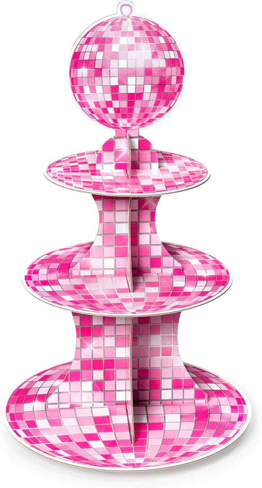 Haooryx Pink Disco Party Cupcake Stand - 3 Tier Pink Glitter Disco Ball Cardboard Cupcake Stand Dessert Holder Party Table Decoration for Baby Shower Bachelorette Disco Theme Birthday Party Supplies