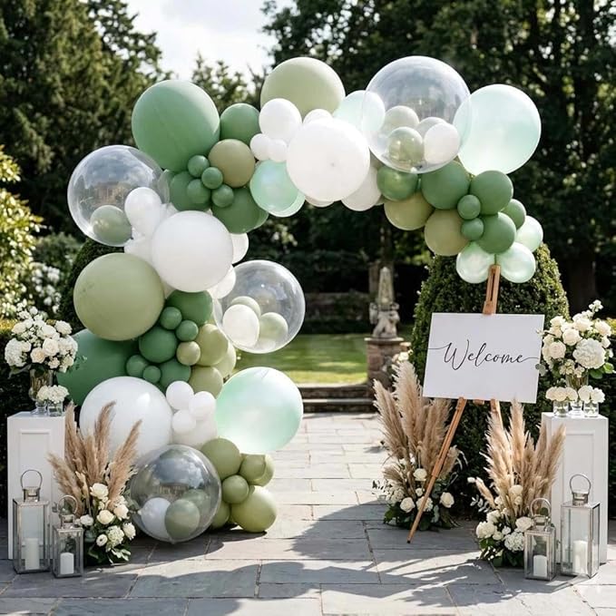 Green White Balloons Double Stuffed Dusty Green Bobo Pearl Balloon Arch Kit Latex Light Olive White Balloon Garland for Bridal Shower Birthday Baby Shower Wedding Anniversary Baptism Decor