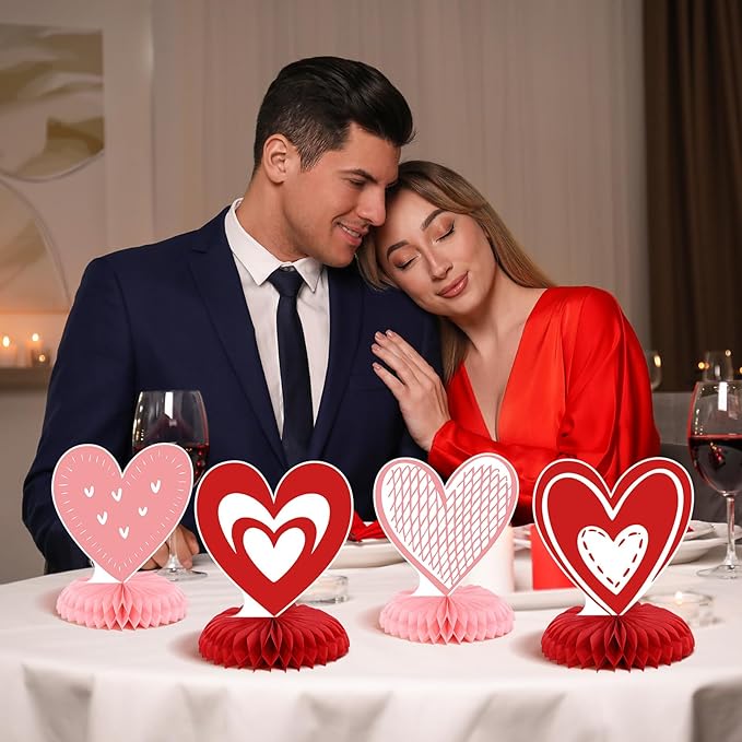 9Pcs Valentine's Day Honeycomb Centerpieces 3D Conversation Heart Tabletop Decorations Red Pink Love Table Topper Centerpiece for Wedding Anniversary Party Home Kitchen Table Decor