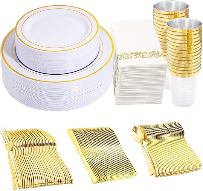 350 Pieces White and Gold Plastic Plates - 50 Guest Dinnerware Set Include 100 Plates, 50 Gold Plastic Silverware, 50 Paper Napkins and 50 Cups for Wedding/Baby Shower/Spring/Birthday/Mother's Day