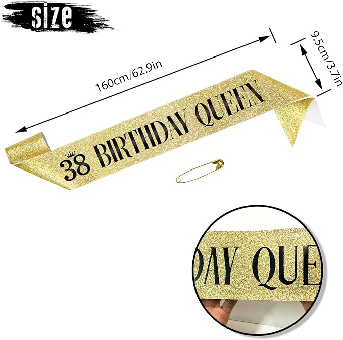 38 Birthday Queen 38th Birthday Sash for Women, Gold Glitter Sash with Black Foil