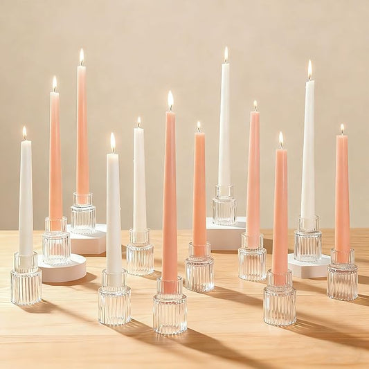 Clear Glass Taper Candle Holders Set of 12, Small Tapered Candlestick Holders in Bulk, Modern Short Candle Sticks for Dining Table Centerpiece Wedding Christmas Party & Holiday Decorations