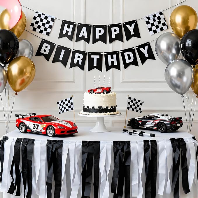 Black White Crepe Paper Streamers 8 Rolls 32ft Race Car Birthday Party Supplies Baby Shower Sports Racing Decorations(1.77inx32ft)