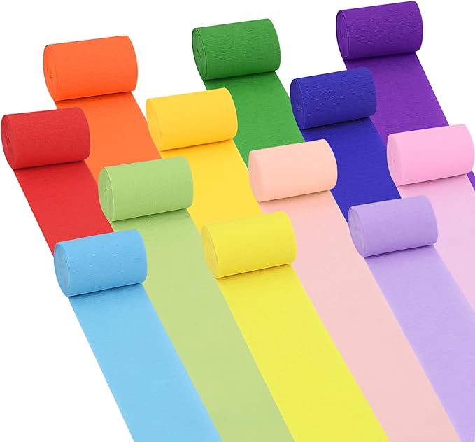 Oubest 12 Rolls Rainbow and Pastel Crepe Paper Streamers Party Decorations, 2.2 Inch Wide Colorful Party Streamers for Birthday, Baby Shower, Wedding, Halloween, Christmas Decorations, DIY Crafts