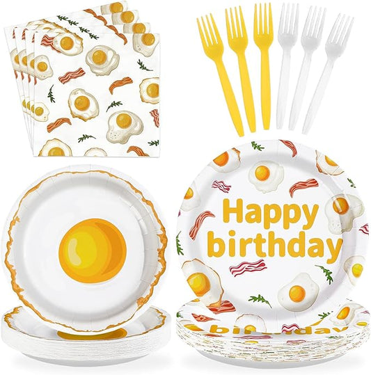 96Pcs Breakfast Birthday Decorations Bacon Fried Egg Plates and Napkins Xmas Brunch Theme Birthday Decoration Favors for Kids Adults Bday Baby Shower BBQ Picnic Holiday Party Supplies Serves 24