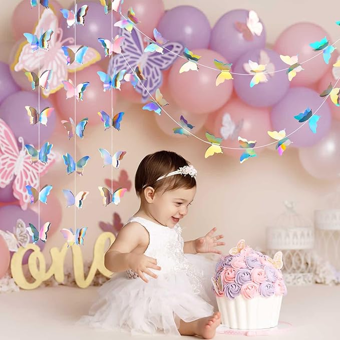 jijAcraft Butterfly Hanging Garlands - Iridescent 3D Paper Butterflies, 3 Packs for Birthday, Baby Shower, Wedding & Party Decorations (30ft)