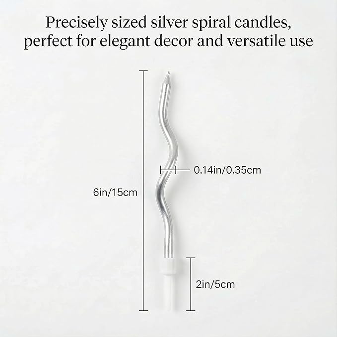 12-Count Spiral Birthday Candles, Long Twisty Party Silver Candles with Candle Holders, Long Burning for Weddings, Birthdays, Party Decorations, Cupcakes, Anniversary and Meetups (Silver)