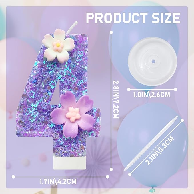 Purple Flower Birthday Candle,Number 4 Birthday Candles for Cake, Ideal Birthday Parties Cake Decor, Wedding Anniversary and Other Celebrations (Number 4, Purple)