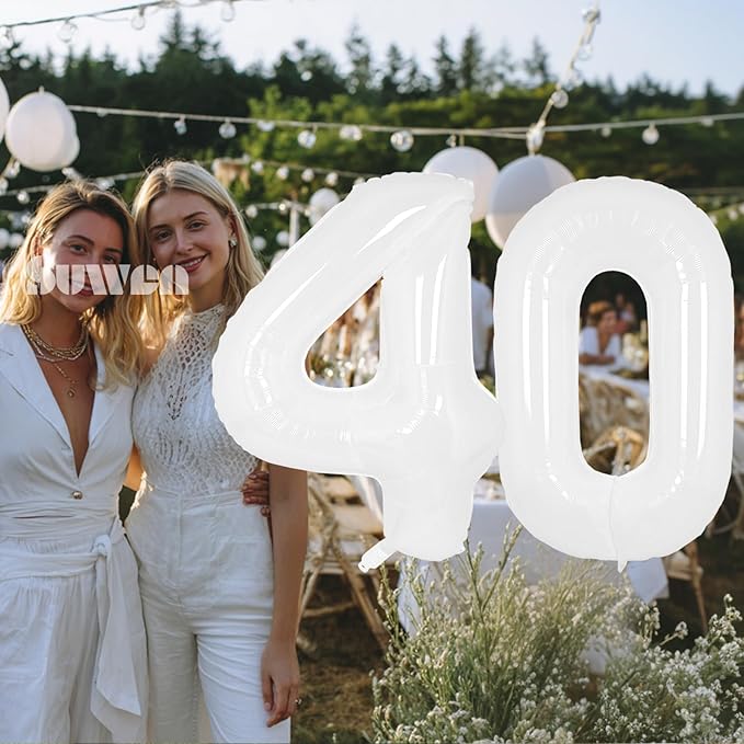SUWEN 40 Inch White Large 40 Number Balloons Big Foil Helium Number Balloons 0-9 Giant Jumbo Happy 40th Birthday Party Decorations for Men or Women Huge Mylar Anniversary Party Supplies