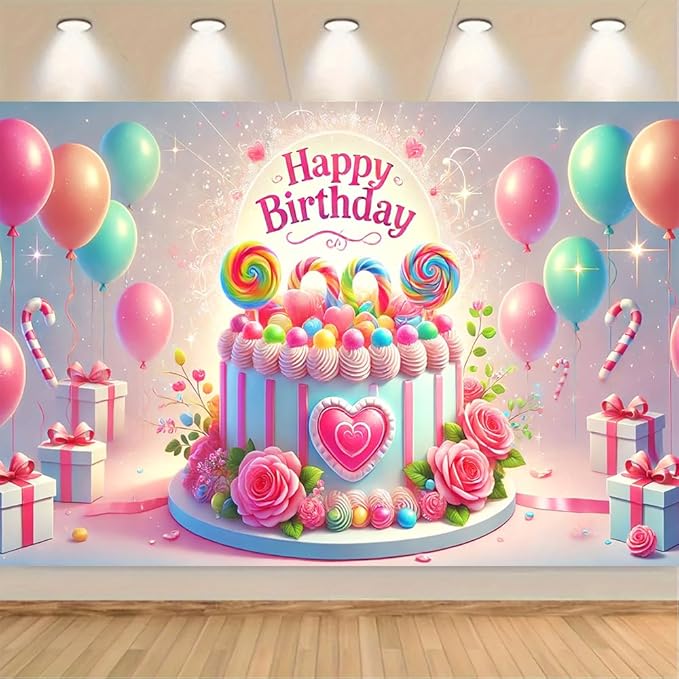 Happy Birthday Cake Decoration Banner 71x43 Inch, Pink and Gold Balloons Theme, Ideal for Cake Photoshoots, Birthday Parties, and Event Decorations