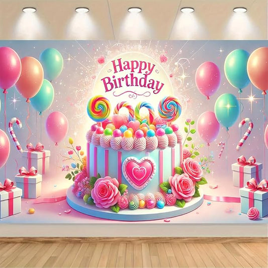 Happy Birthday Cake Decoration Banner 71x43 Inch, Pink and Gold Balloons Theme, Ideal for Cake Photoshoots, Birthday Parties, and Event Decorations