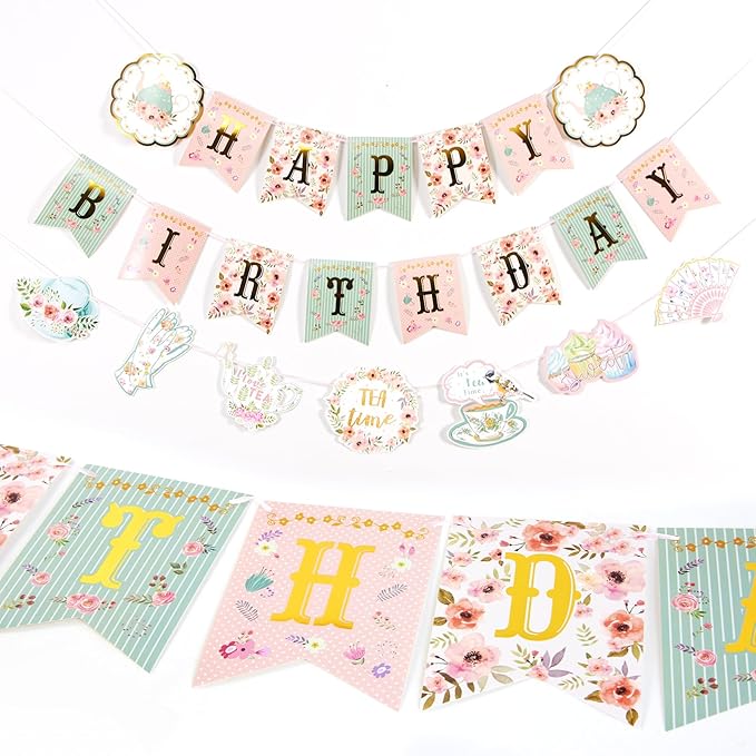 SUNBEAUTY Floral Tea Party Birthday Decorations Tea Happy Birthday Banner Floral Garland Birthday Hanging Banner for Baby Bridal Shower Spring Garden Tea Party Decorations | Pre-Strung