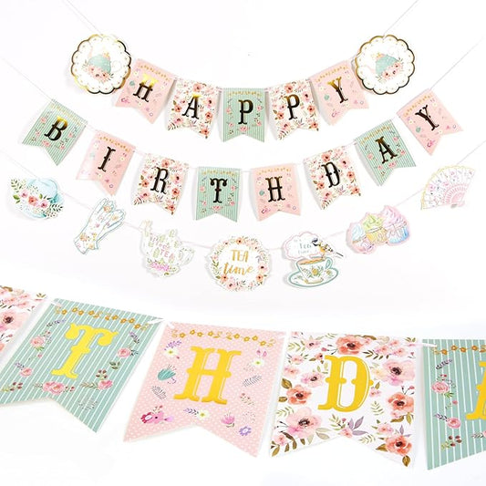 SUNBEAUTY Floral Tea Party Birthday Decorations Tea Happy Birthday Banner Floral Garland Birthday Hanging Banner for Baby Bridal Shower Spring Garden Tea Party Decorations | Pre-Strung