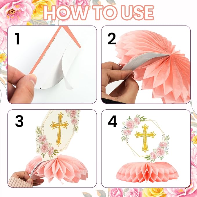 First Communion Centerpieces Baptism Decorations 9 Pcs, Cross & Flower Table Toppers Set, Confirmation Decor for Party, Primera Comunion Decoracion, First Holy Communion Favors Supplies