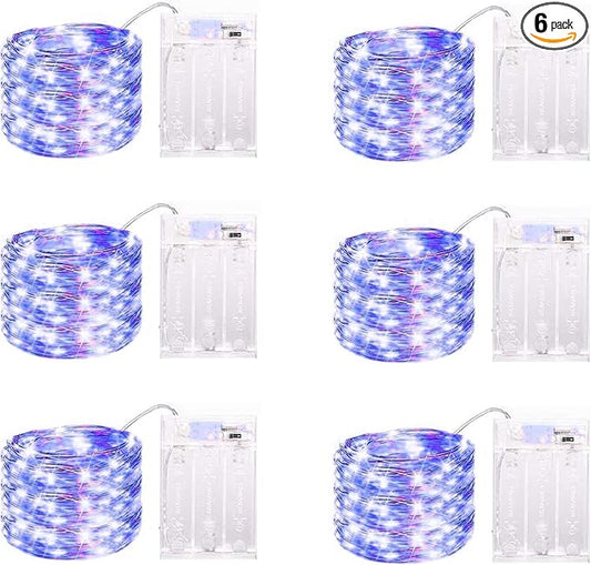 6 Pack LED Fairy Lights Battery Operated with Timer, 13FT 40LED Waterproof Firefly Lights Silver Wire Mini Twinkle String Lights for Wedding Christmas Birthday Party Mason jar Decorations, Blue