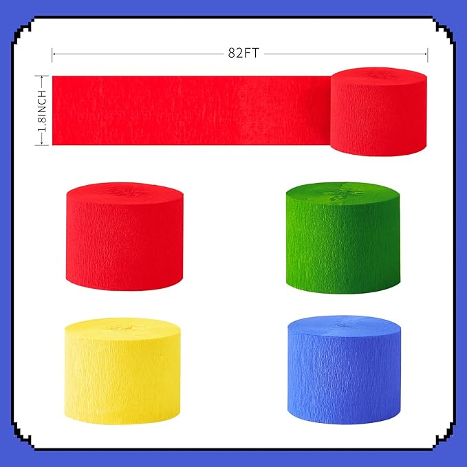 Super Brothers Birthday Party Decoration, 8 Rolls Red Green Blue Yellow Crepe Paper Streamers, for Boys Girls Game Theme Adventures Party Supplies