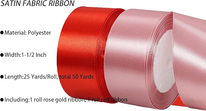 2 Rolls Red Rose Gold Ribbon, 1-1/2 Inch x 50 Yards Satin Red Fabric Ribbon for Flower Bouquets, Gift Wrapping, DIY Crafts, Birthday Cakes, Holiday, Wedding Party and Mother’s Day Decorations