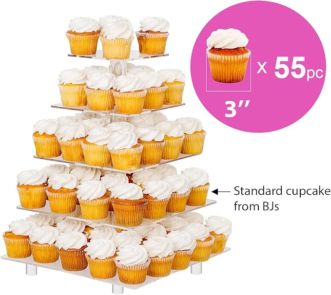 Jusalpha 5 Tier Square Cupcake Stand with Light- Premium Cupcake Holder - Serving Tray-Acrylic Cupcake Tower - Ideal for Weddings Birthday Parties, Candy Bar Decor (Blue，Power Charge:Battery)…