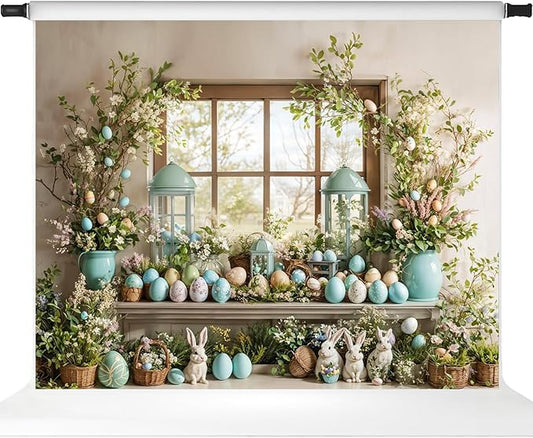Kate Easter Photography Backdrops Rabbits Colorful Eggs Backdrops for Photoshoot Spring Window Holiday Party Decor Props, 10x8ft
