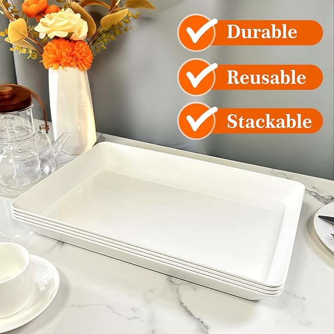 Serving Tray Platter, 6 Pcs Food Tray for Veggie Fruit Snack Dessert Cookie Cheese, Food Trays for Party Supplies Display, Plastic Platters for Serving Food, Large White Trays, BPA Free