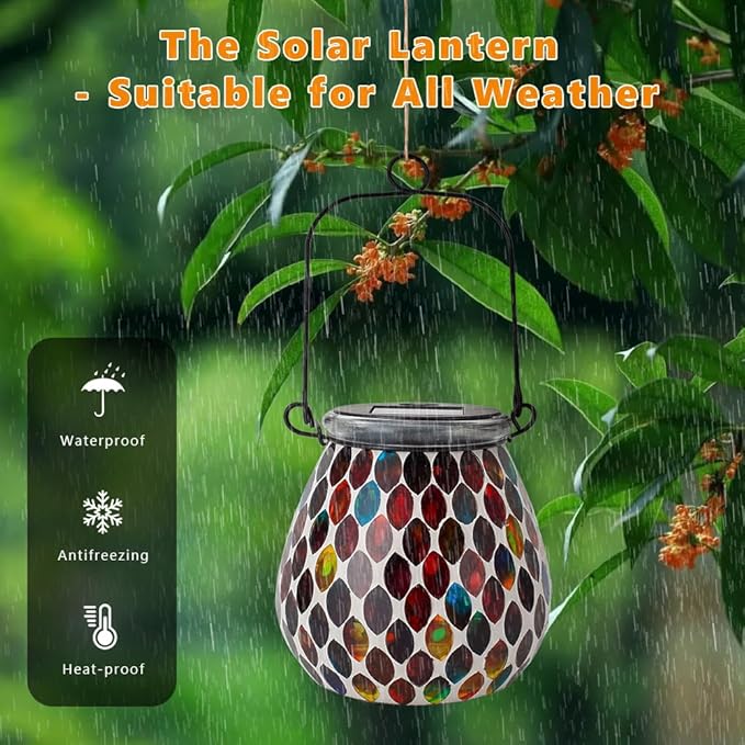 Starsoul Solar Lanterns Outdoor Waterproof, Exquisite Colorful Mosaic Glass Solar Garden Decor, Gifts for Women Mom Grandma