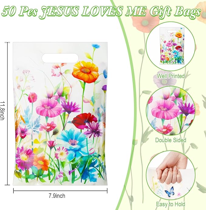 Epakh 100 Pcs Wildflower Butterfly Gift Bags Bulk Plastic Goody Bags with Handles Treat Candy Gift Packing for Baby Shower Spring Summer Floral Birthday Party Supplies(Colorful)