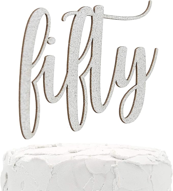 50th Birthday Cake Topper - fifty - Double Sided Silver glitter - Premium quality Made in USA