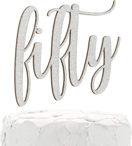 50th Birthday Cake Topper - fifty - Double Sided Silver glitter - Premium quality Made in USA