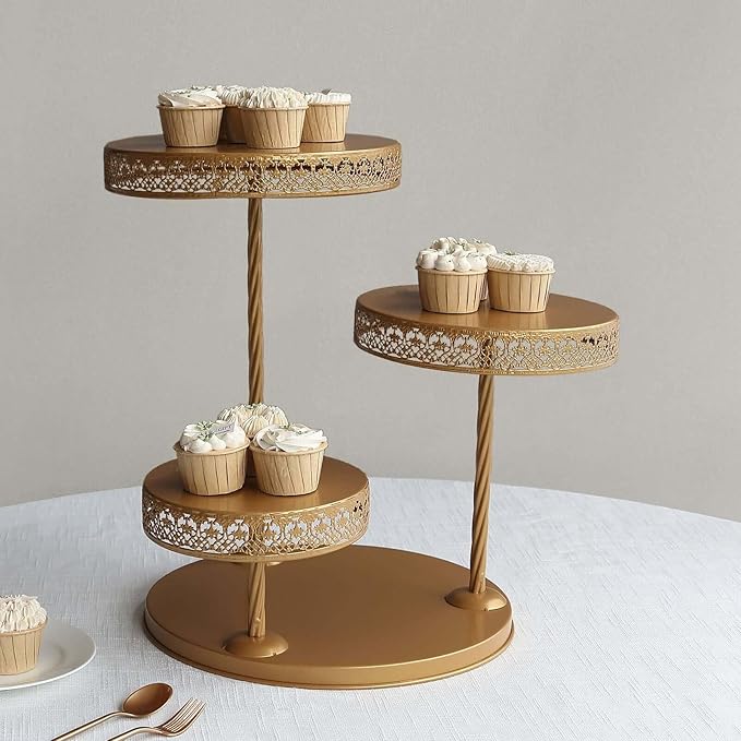 Efavormart 3-Tier Gold Metal Cupcake Tower Dessert Stand, Hollow Lace Design Round Tiered Cake Stand - 21"