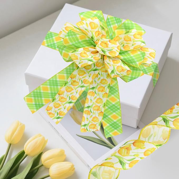 2 Rolls Yellow Tulip Wired Ribbon - 2.5 Inch Wide, 10 Yards Total, Tulip Floral Pattern, Cheerful Summer Floral Ribbon for Wedding Decor, DIY Crafts & Gift Wrapping