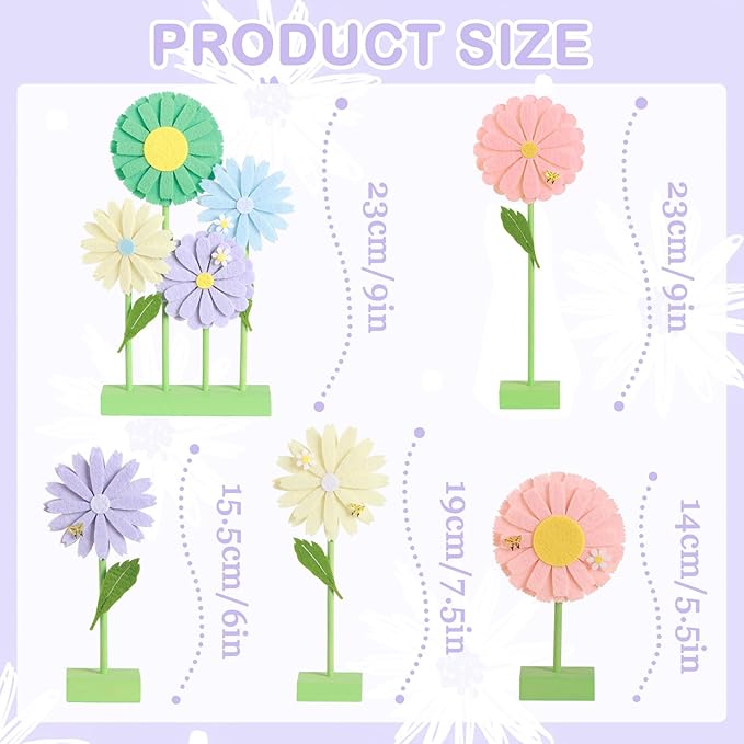 SUNBEAUTY 8PCS Daisy Party Decorations Felt Flowers Daisy Centerpieces for Tables Spring Flower Tables Decor Pastel Flower Table Decorations for Girl Birthday Baby Shower Spring Garden Home Decor