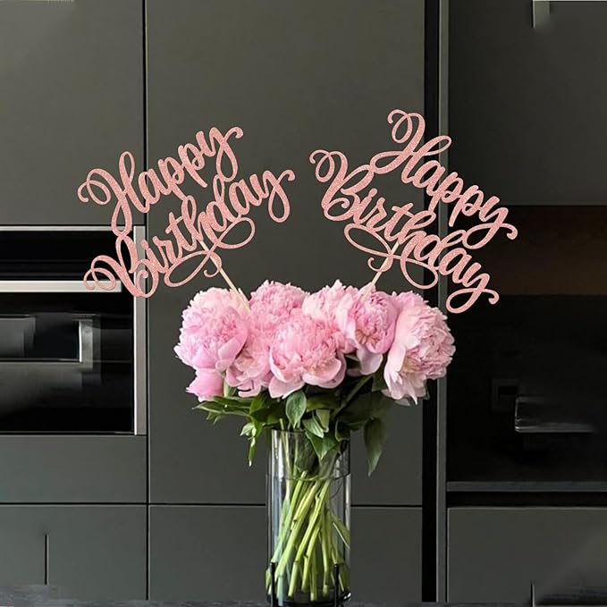 12 PCS Happy Birthday Centerpiece Sticks Double Sided Glitter Happy Birthday Table Flower Centerpieces Decorations for Celebrating Anniversary Theme Party Centerpieces Supplies Rose Gold