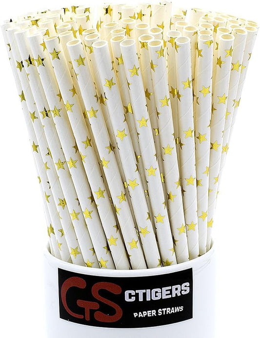Metallic Gold Stars Drinking Paper Straws for Valentine's Day Wedding Party Biodegradable Straw Box of 100