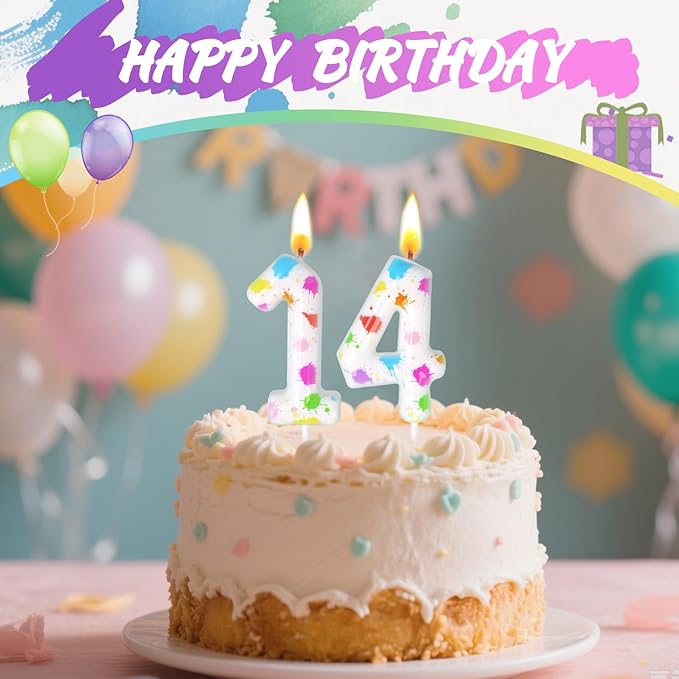 Paint Birthday Candles, Art Paint Party Decoration Supplies, Birthday Number Candles for Cake Topper (Multicolour, Number 14)