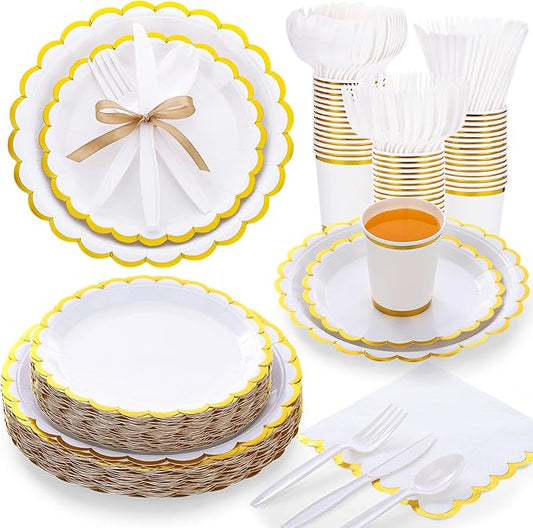 Ziliny 350 Pcs White Plates and Napkins Party Supplies for 50 Guests Wedding Disposable Tableware Include Scalloped Plates Paper Napkin Cup Spoon Fork Knife for Wedding, Birthday