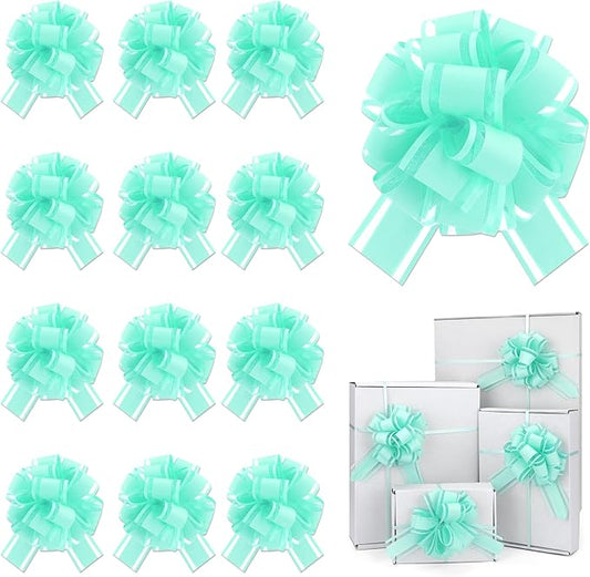 12 Pcs Blue Green Gift Bow Pull Bows for Gift Warpping Christmas Warp Ribbon Bow Party Birthday Wedding Solid Bows for Bikes Anniversary Boxes Flower Decorations Valentine's Day (Blue-Green-E)